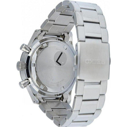 Detalle del fondo de caja roscado en acero inoxidable del Seiko SSB445P1 con grabado de especificaciones y brazalete metálico.