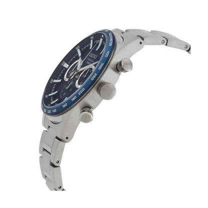Seiko SSB445P1 side profile with stainless steel case, crown, pushers and stainless steel bracelet.