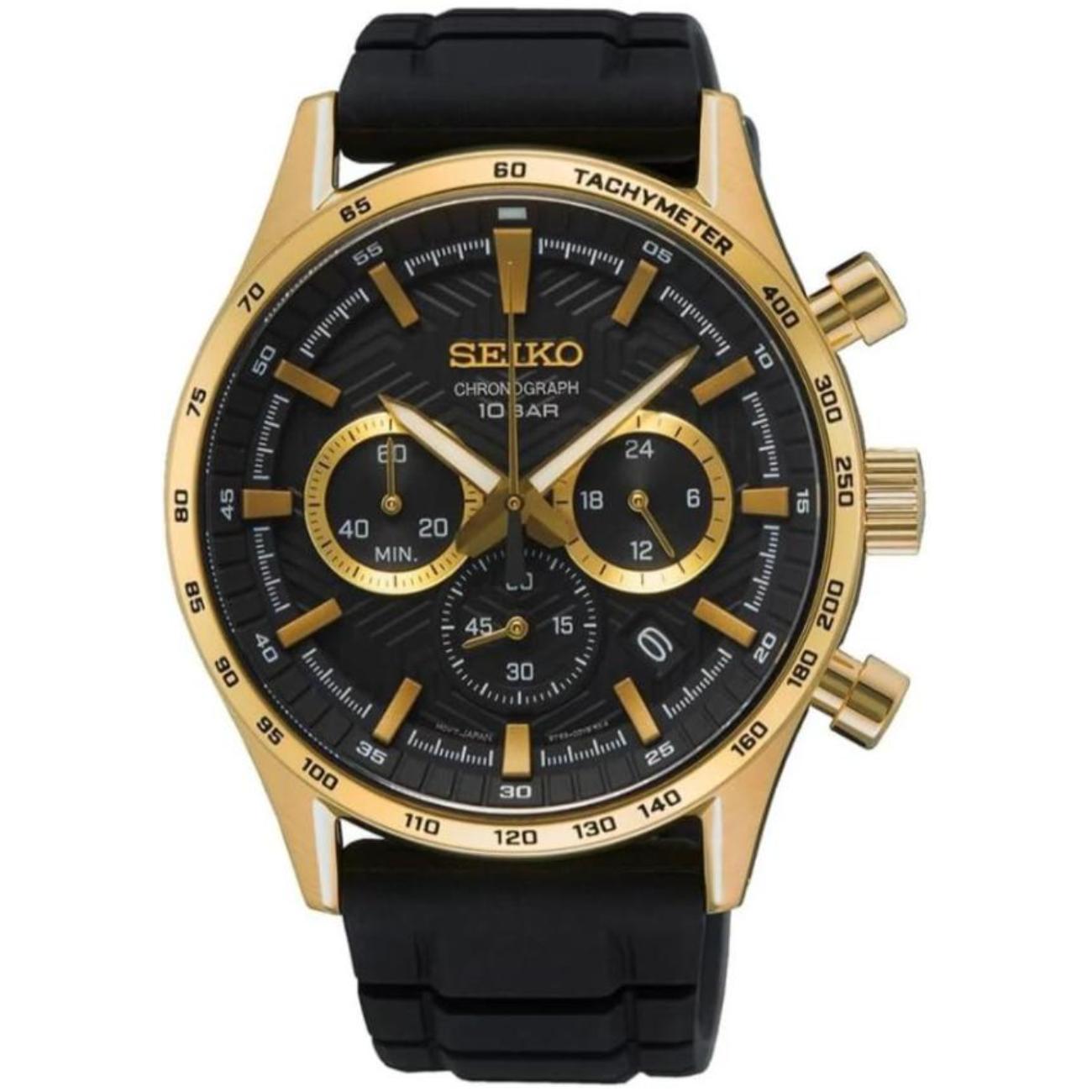 Seiko SSB446P1 chronograph with black dial, gold-tone subdials, tachymeter bezel, gold-tone stainless steel case and black strap.