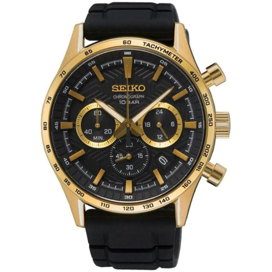 Seiko SSB446P1 chronograph with black dial, gold-tone subdials, tachymeter bezel, gold-tone stainless steel case and black strap.