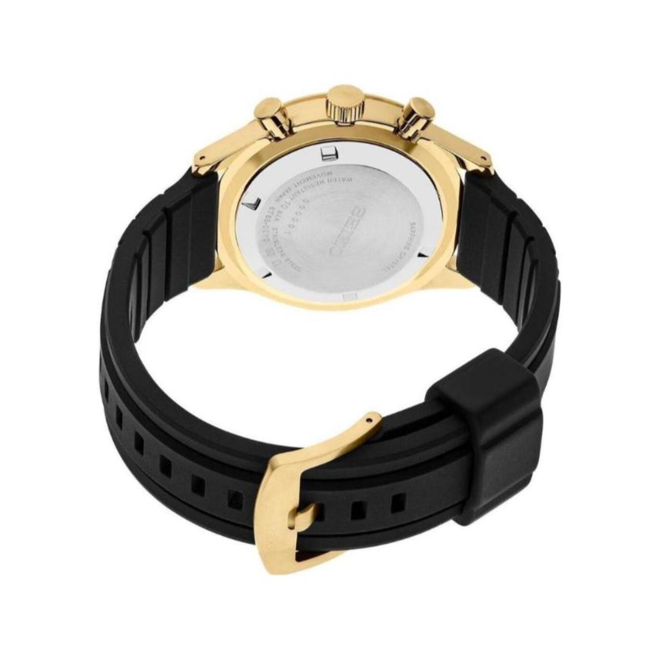Seiko SSB446P1 with stainless steel caseback, gold-tone stainless steel case, chronograph pushers and black strap with gold-tone buckle.