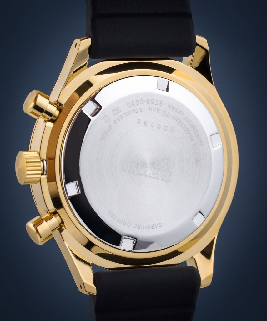 Seiko SSB446P1 with stainless steel caseback, gold-tone stainless steel case, chronograph pushers and black strap.