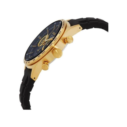 Seiko SSB446P1 side profile with gold-tone stainless steel case, crown, chronograph pushers and black strap.