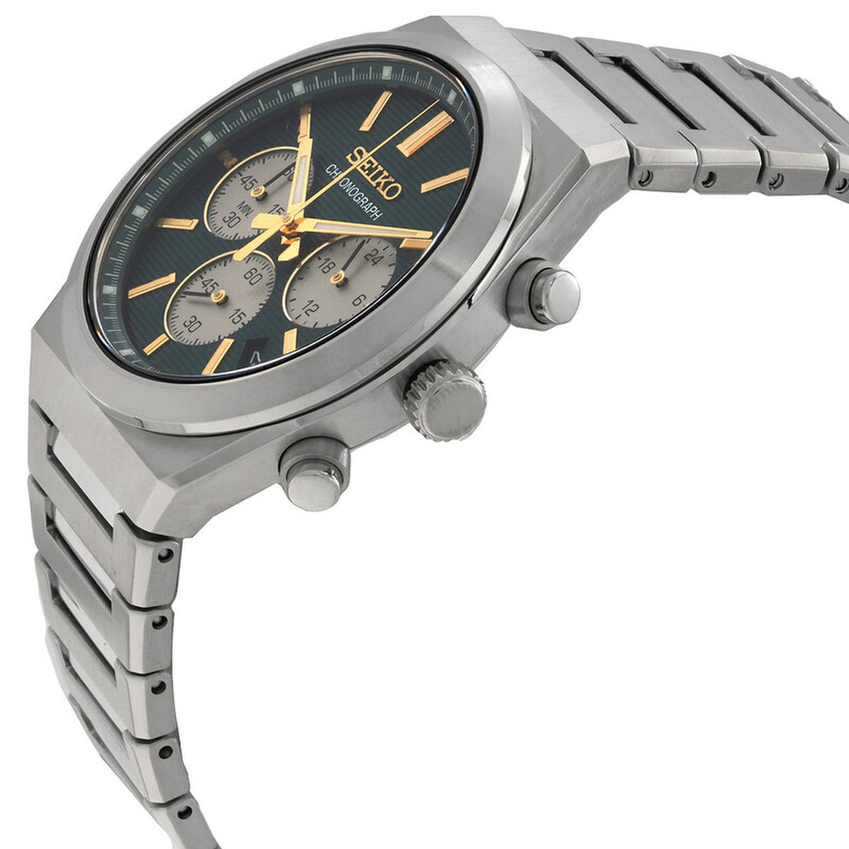 Seiko SSB461P1 chronograph watch side profile highlighting the crown, pushers, brushed stainless steel case, and bracelet