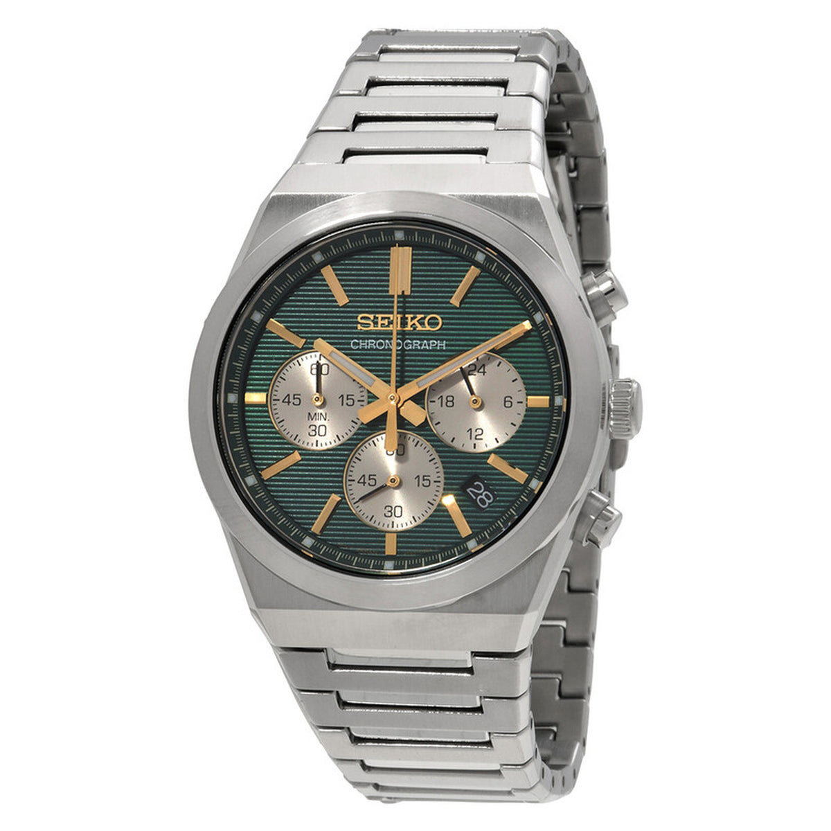 Seiko SSB461P1 men's quartz chronograph watch with a patterned green dial, gold-tone hands, three sub-dials, and date window