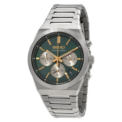 Seiko SSB461P1 men's quartz chronograph watch with a patterned green dial, gold-tone hands, three sub-dials, and date window