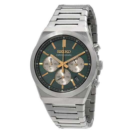Seiko SSB461P1 men's quartz chronograph watch with a patterned green dial, gold-tone hands, three sub-dials, and date window