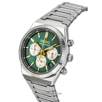 Seiko SSB461P1 chronograph watch with a textured green dial, gold-tone hour markers, silver sub-dials, and a stainless steel case