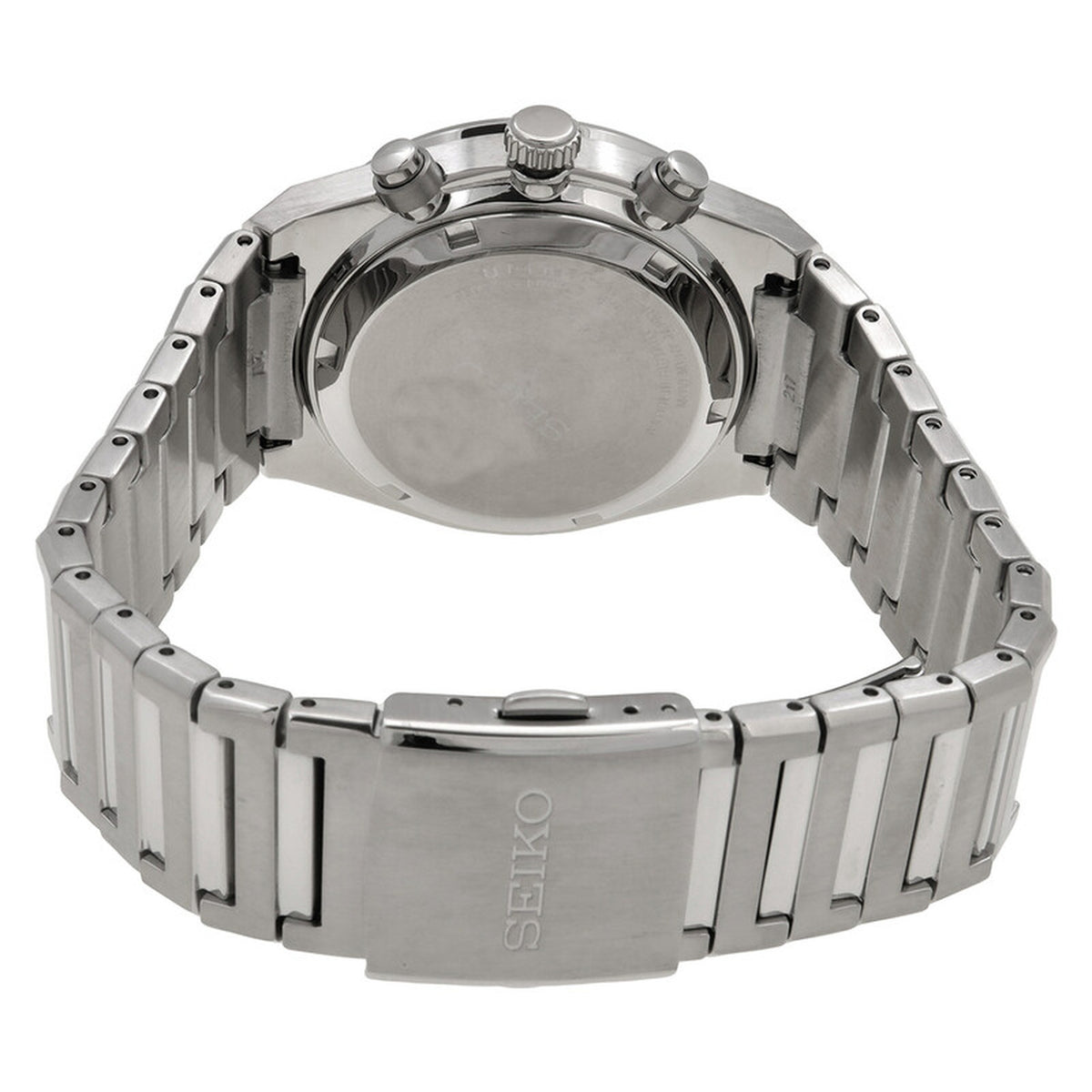 Seiko SSB461P1 watch back showcasing the solid stainless steel caseback, deployment clasp, and integrated bracelet links