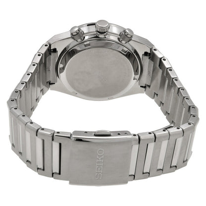 Seiko SSB461P1 watch back showcasing the solid stainless steel caseback, deployment clasp, and integrated bracelet links