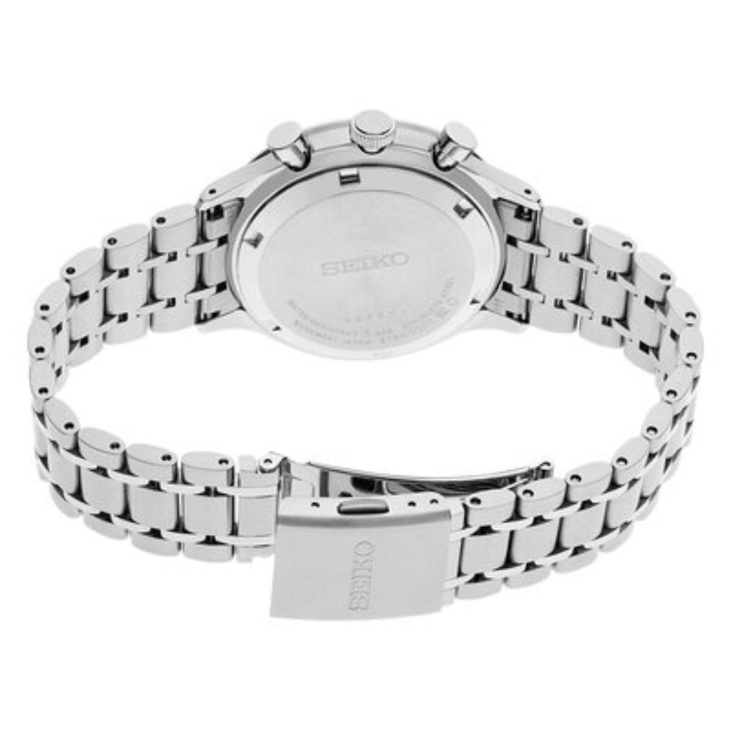 Rear view of the Seiko SSB479P1 chronograph showing the caseback, chronograph pushers, bracelet links, and Seiko-branded clasp.