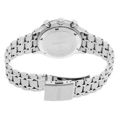 Rear view of the Seiko SSB479P1 chronograph showing the caseback, chronograph pushers, bracelet links, and Seiko-branded clasp.