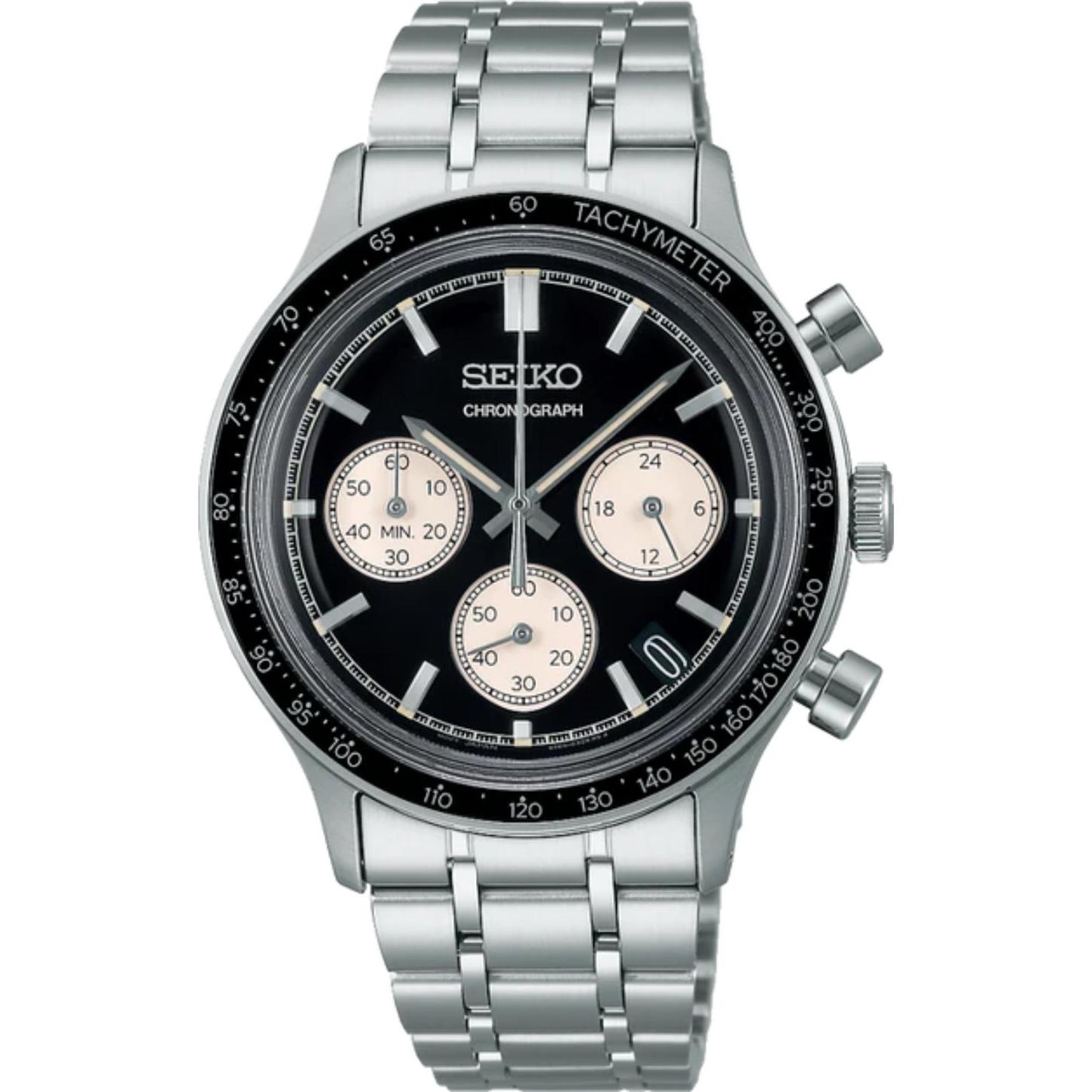 Seiko SSB479P1 sport chronograph watch featuring a black reverse panda dial, three contrasting subdials, tachymeter bezel, date display, and silver-tone bracelet.