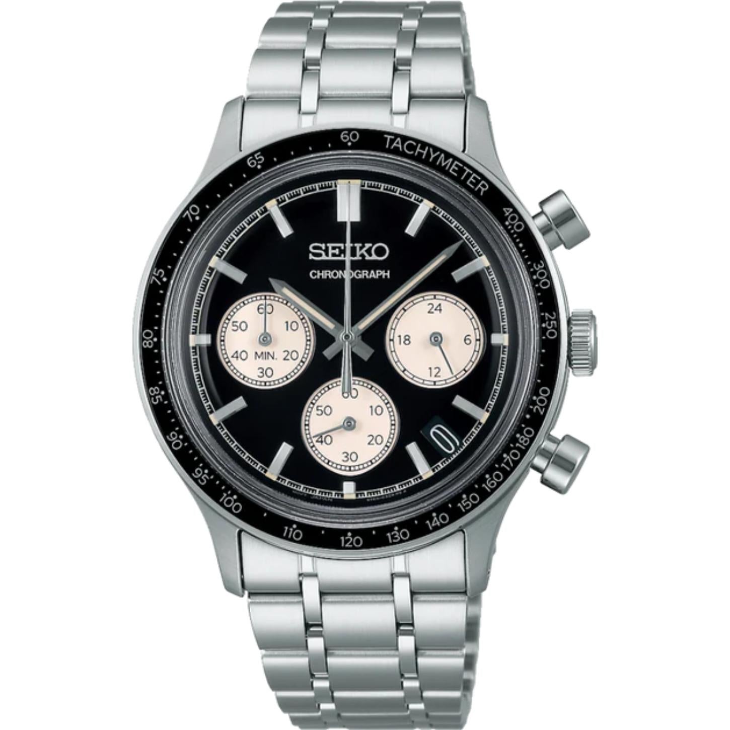 Seiko SSB479P1 sport chronograph watch featuring a black reverse panda dial, three contrasting subdials, tachymeter bezel, date display, and silver-tone bracelet.