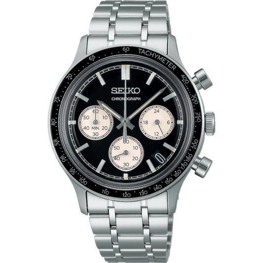 Seiko SSB479P1 sport chronograph watch featuring a black reverse panda dial, three contrasting subdials, tachymeter bezel, date display, and silver-tone bracelet.