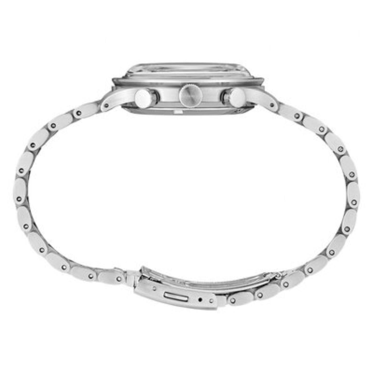 Side profile of the Seiko SSB479P1 sport chronograph showing the case, crown, chronograph pushers, and silver-tone bracelet.