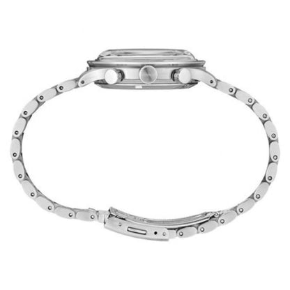 Side profile of the Seiko SSB479P1 sport chronograph showing the case, crown, chronograph pushers, and silver-tone bracelet.