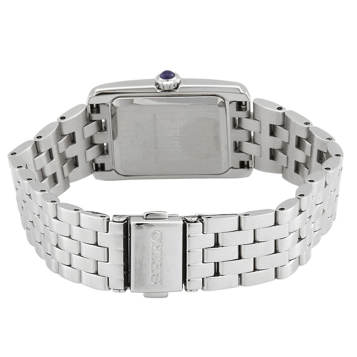 Seiko SWR083P1 women's quartz dress watch showing the stainless steel caseback, multi-row link bracelet, and deployment clasp.