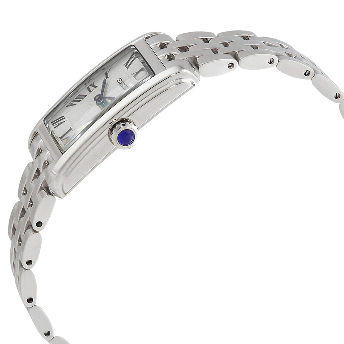 Seiko SWR083P1 women's quartz dress watch angled profile highlighting the polished stainless steel rectangular case and blue cabochon crown.