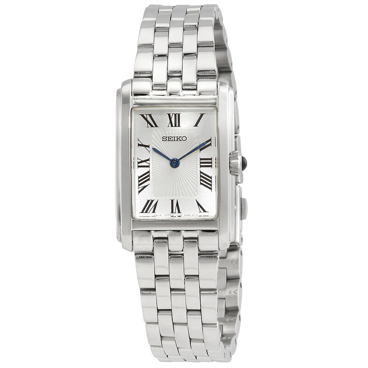 Seiko SWR083P1 women's quartz dress watch with a rectangular silver sunburst dial, black Roman numerals, blued hands, and stainless steel bracelet.