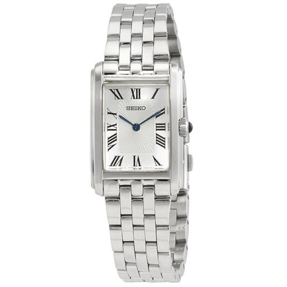 Seiko SWR083P1 women's quartz dress watch with a rectangular silver sunburst dial, black Roman numerals, blued hands, and stainless steel bracelet.