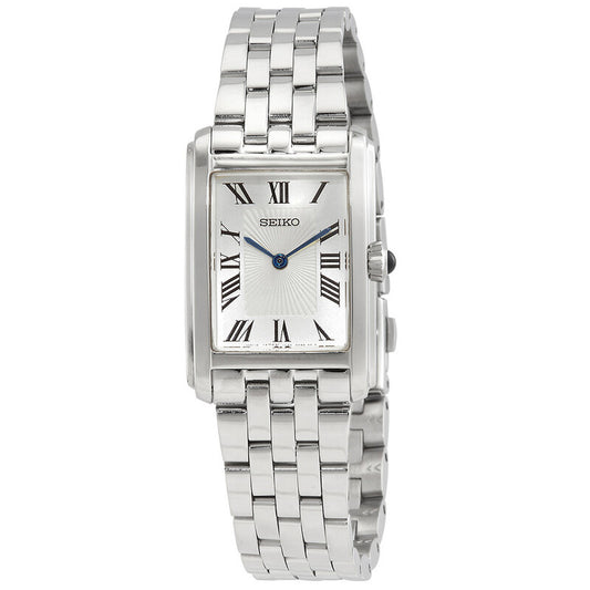 Seiko SWR083P1 women's quartz dress watch with a rectangular silver sunburst dial, black Roman numerals, blued hands, and stainless steel bracelet.