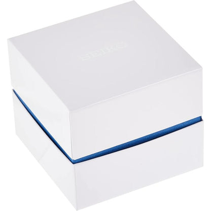 Seiko original watch box in white with minimalist design and branded packaging.