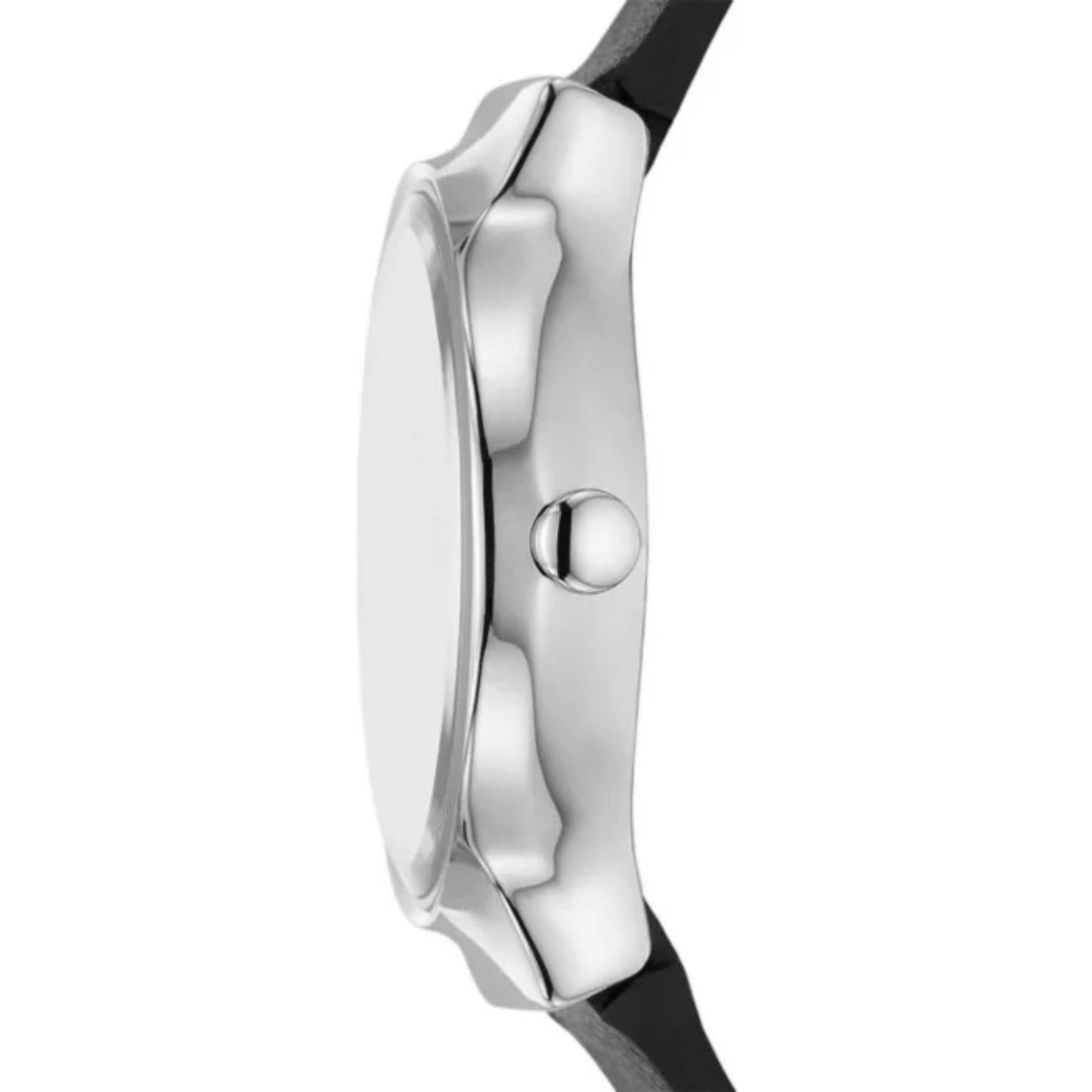 Skagen Freja Lille SKW3119 with slim polished silver-tone case profile, minimalist crown, and black leather strap attachment.