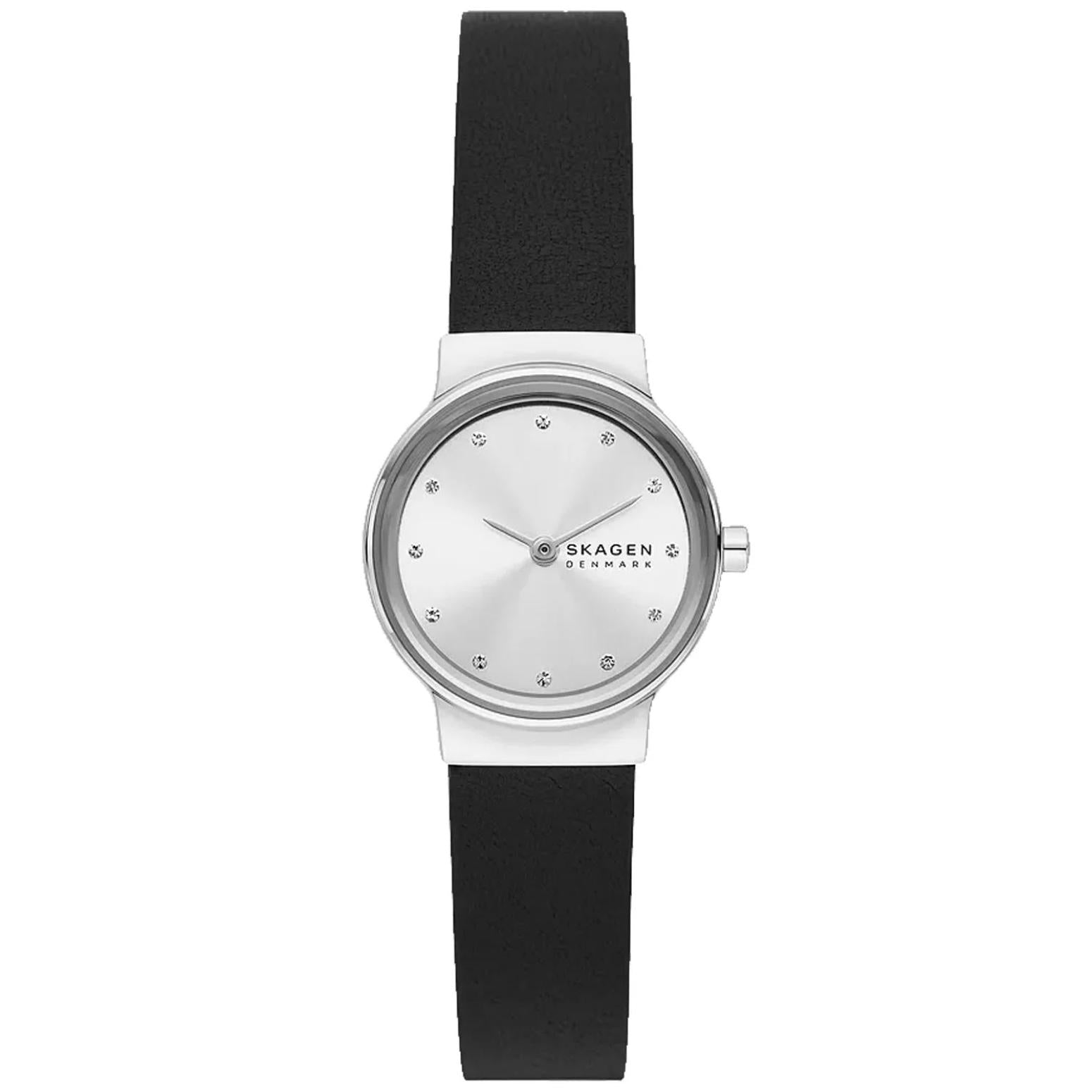Skagen Freja Lille SKW3119 minimalist watch with silver sunray dial, crystal hour markers, polished silver-tone case, and black leather strap.