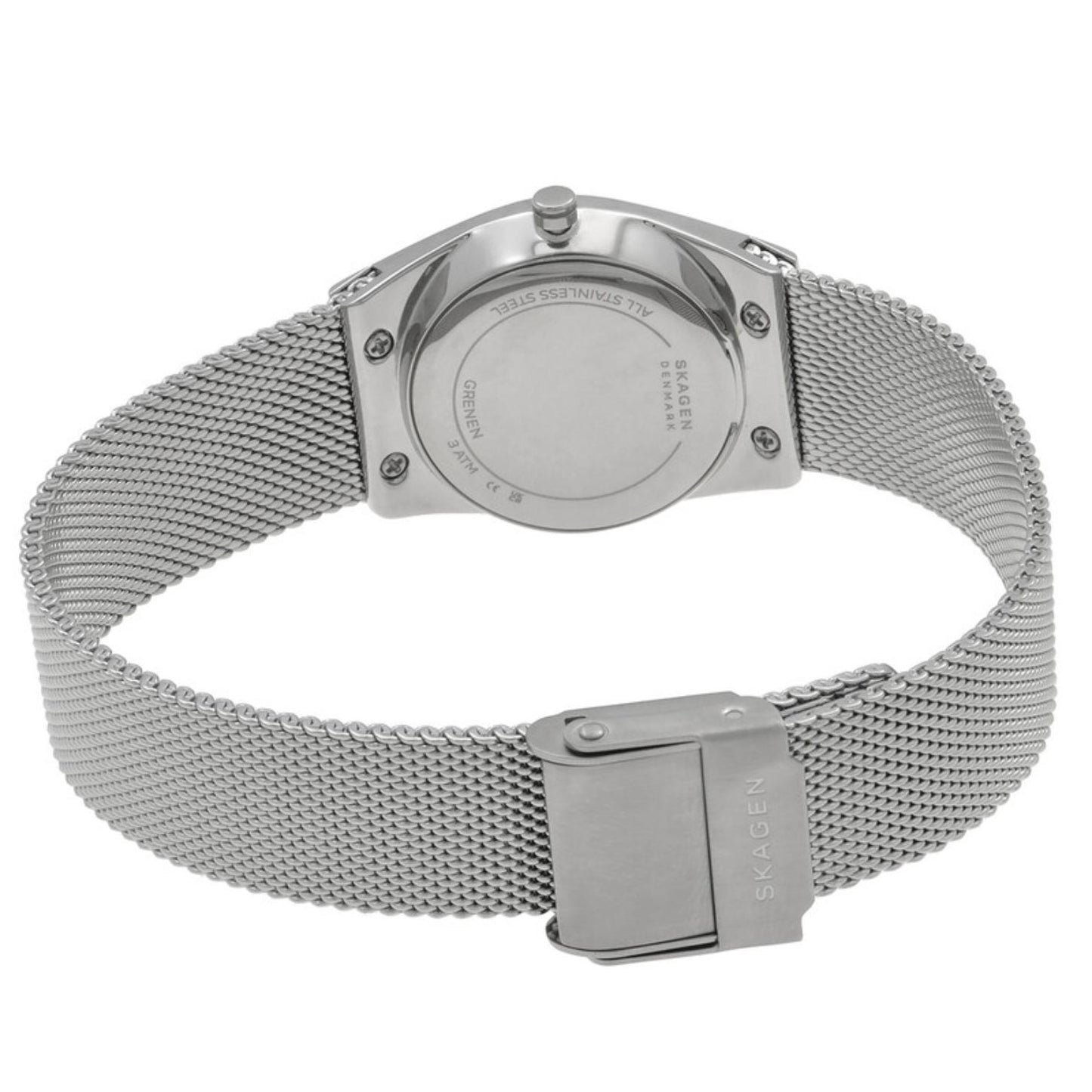 Skagen Grenen Lille Solar SKW3080 with rear caseback view, silver-tone case, stainless steel mesh bracelet, and fold-over mesh clasp.