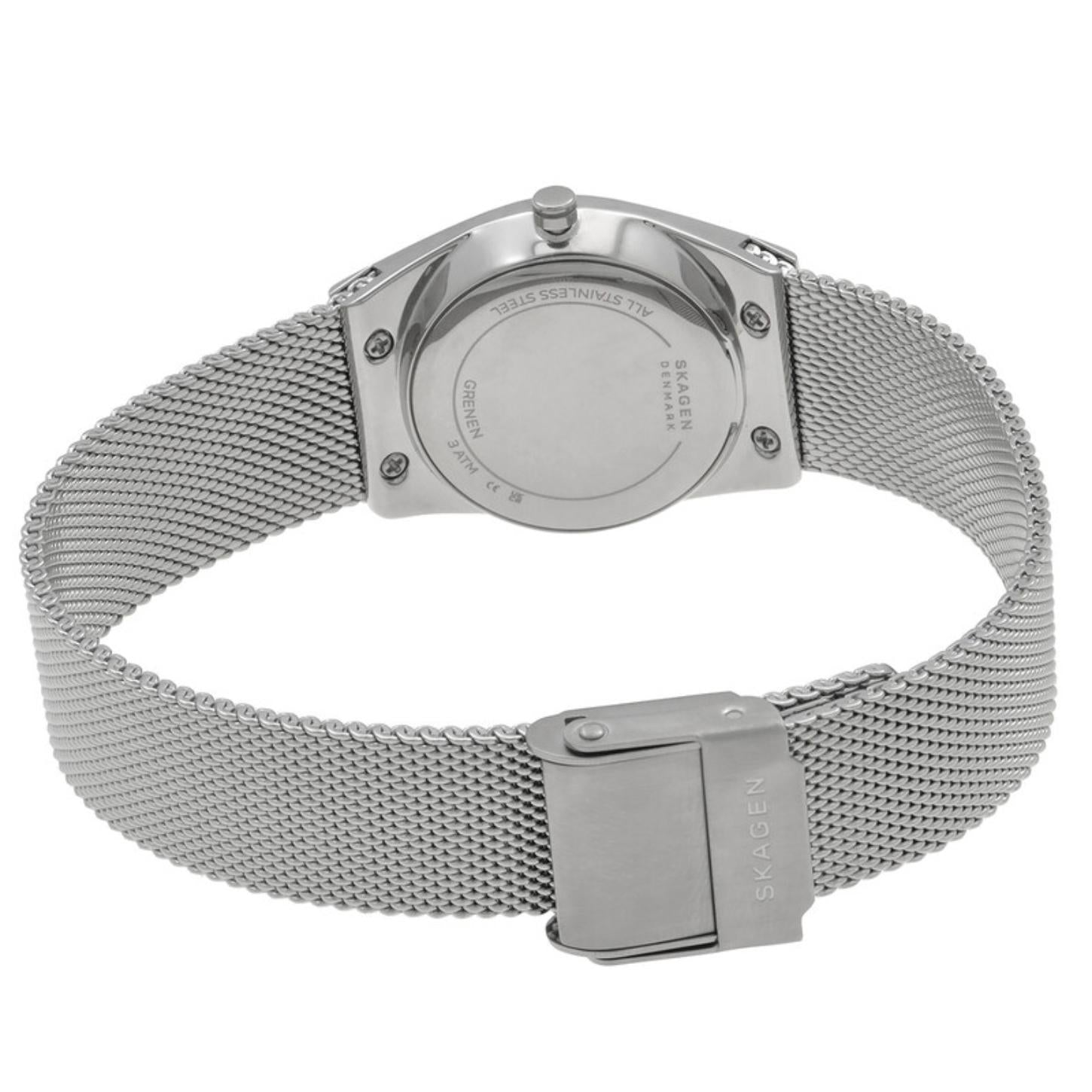 Skagen Grenen Lille Solar SKW3080 with rear caseback view, silver-tone case, stainless steel mesh bracelet, and fold-over mesh clasp.