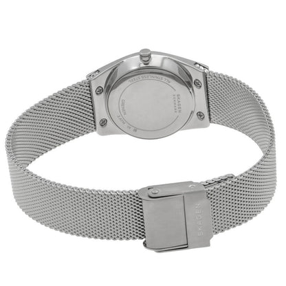 Skagen Grenen Lille Solar SKW3080 with rear caseback view, silver-tone case, stainless steel mesh bracelet, and fold-over mesh clasp.