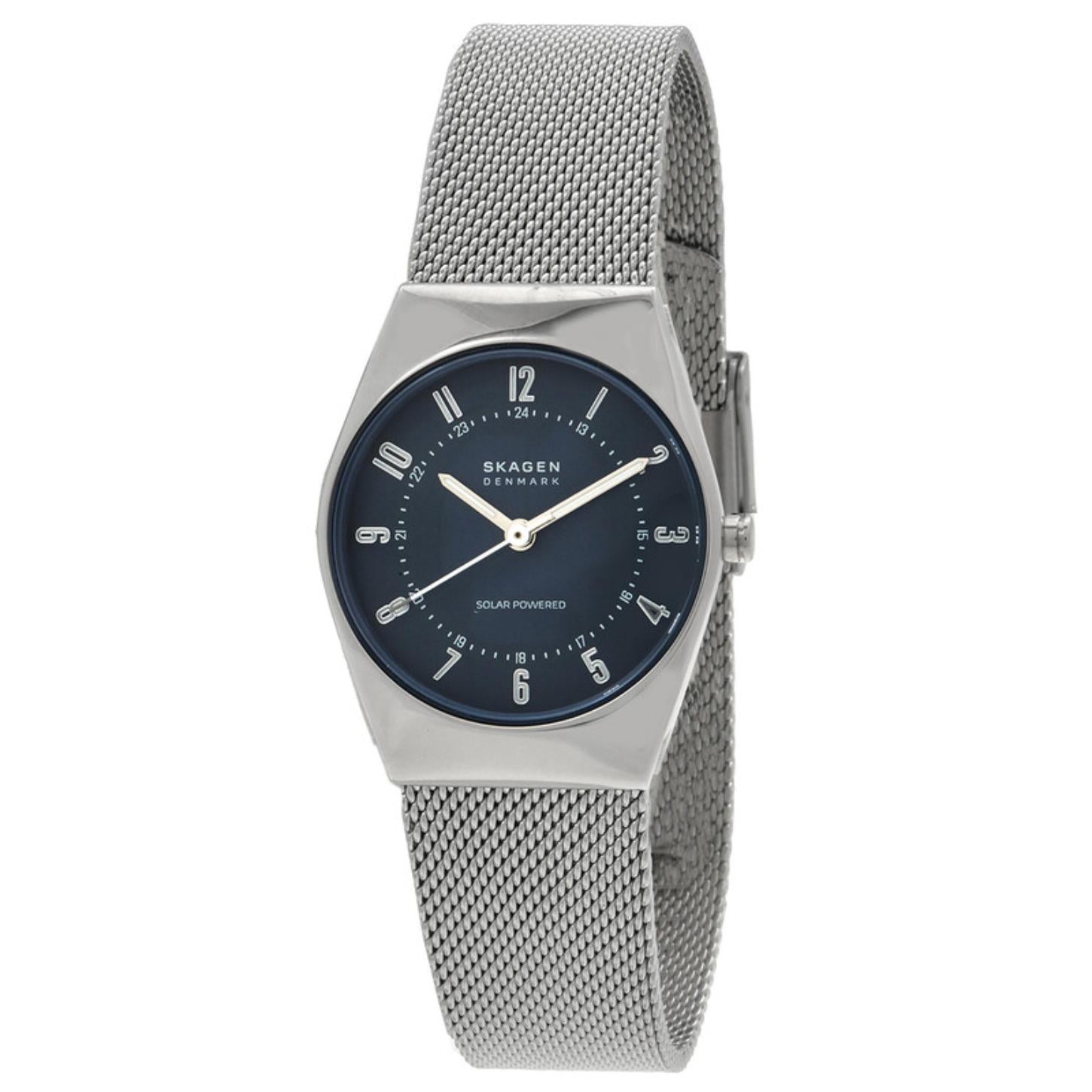 Skagen Grenen Lille Solar SKW3080 with blue dial, silver-tone case, Arabic numeral markers, solar-powered movement, side crown, and stainless steel mesh bracelet.