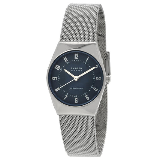 Skagen Grenen Lille Solar SKW3080 with blue dial, silver-tone case, Arabic numeral markers, solar-powered movement, side crown, and stainless steel mesh bracelet.
