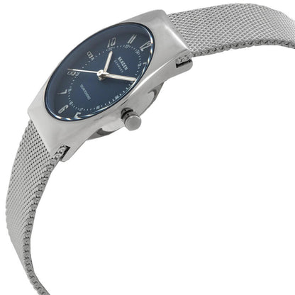 Skagen Grenen Lille Solar SKW3080 with angled blue dial, silver-tone case, side crown, solar-powered movement, and stainless steel mesh bracelet.