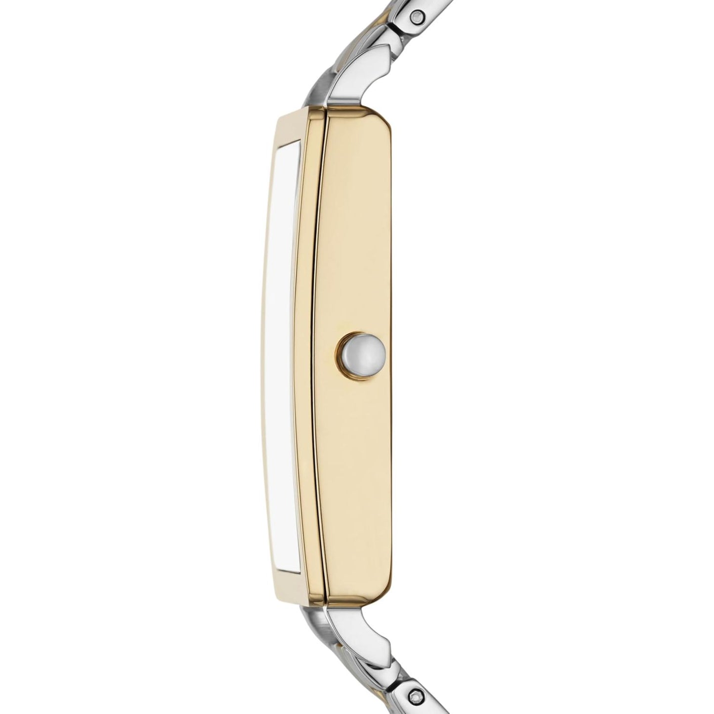 Skagen Hagen Lille SKW3156 women’s minimalist rectangular dress watch with slim gold-tone case and two-tone stainless steel bracelet shown in side profile.