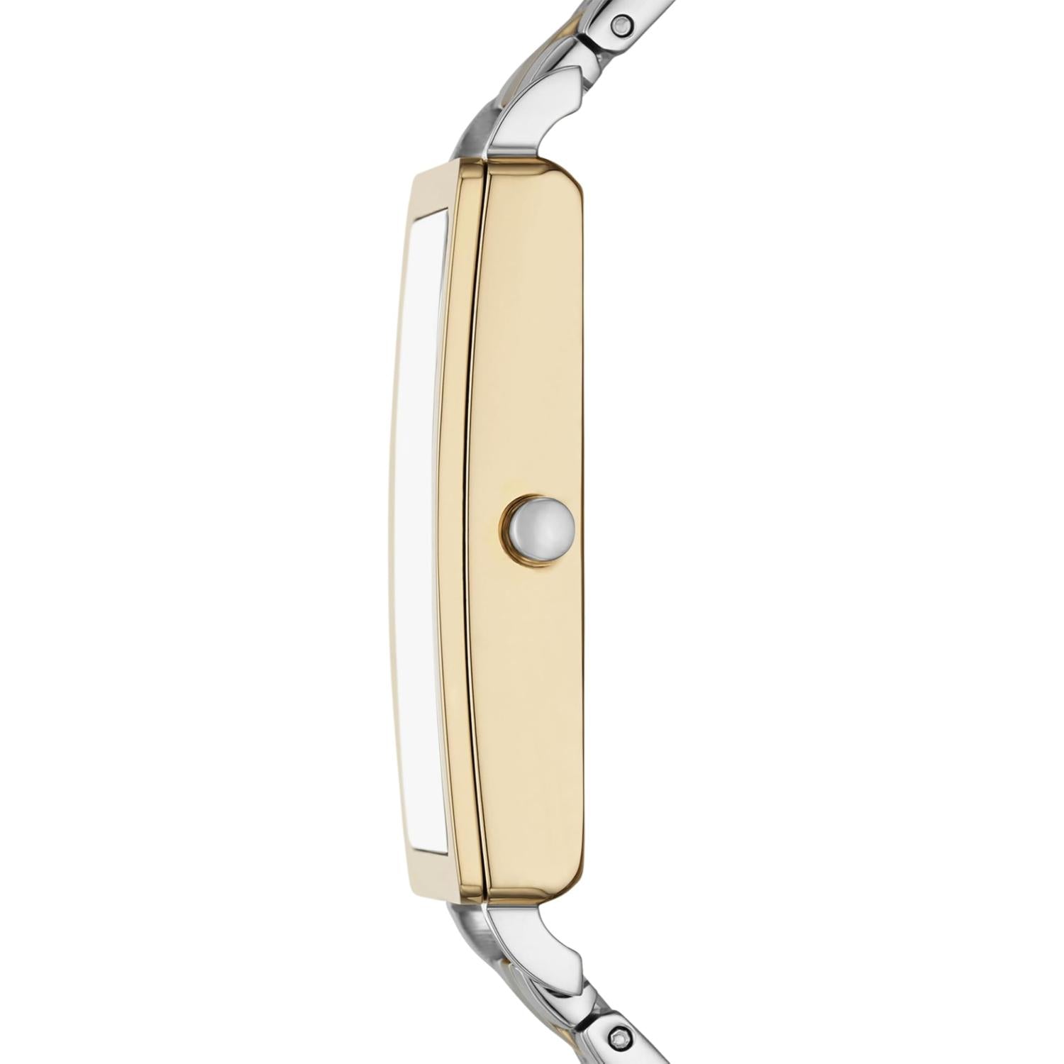 Skagen Hagen Lille SKW3156 women’s minimalist rectangular dress watch with slim gold-tone case and two-tone stainless steel bracelet shown in side profile.