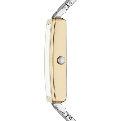 Skagen Hagen Lille SKW3156 women’s minimalist rectangular dress watch with slim gold-tone case and two-tone stainless steel bracelet shown in side profile.