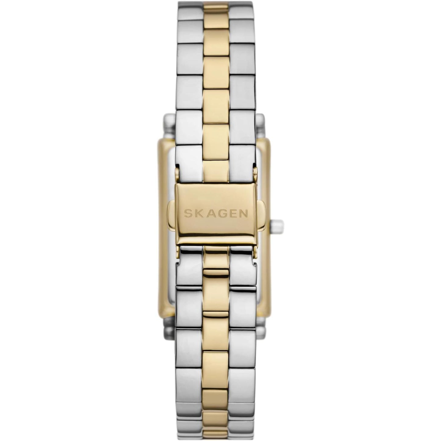 Skagen Hagen Lille SKW3156 women’s minimalist dress watch with two-tone stainless steel bracelet and engraved Skagen clasp detail.