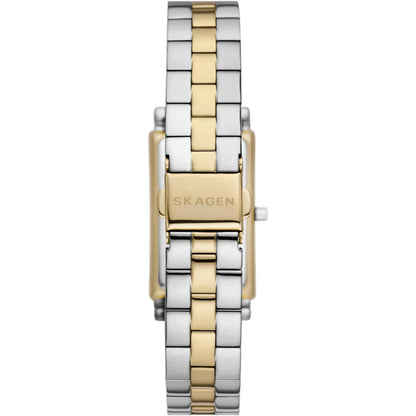 Skagen Hagen Lille SKW3156 women’s minimalist dress watch with two-tone stainless steel bracelet and engraved Skagen clasp detail.