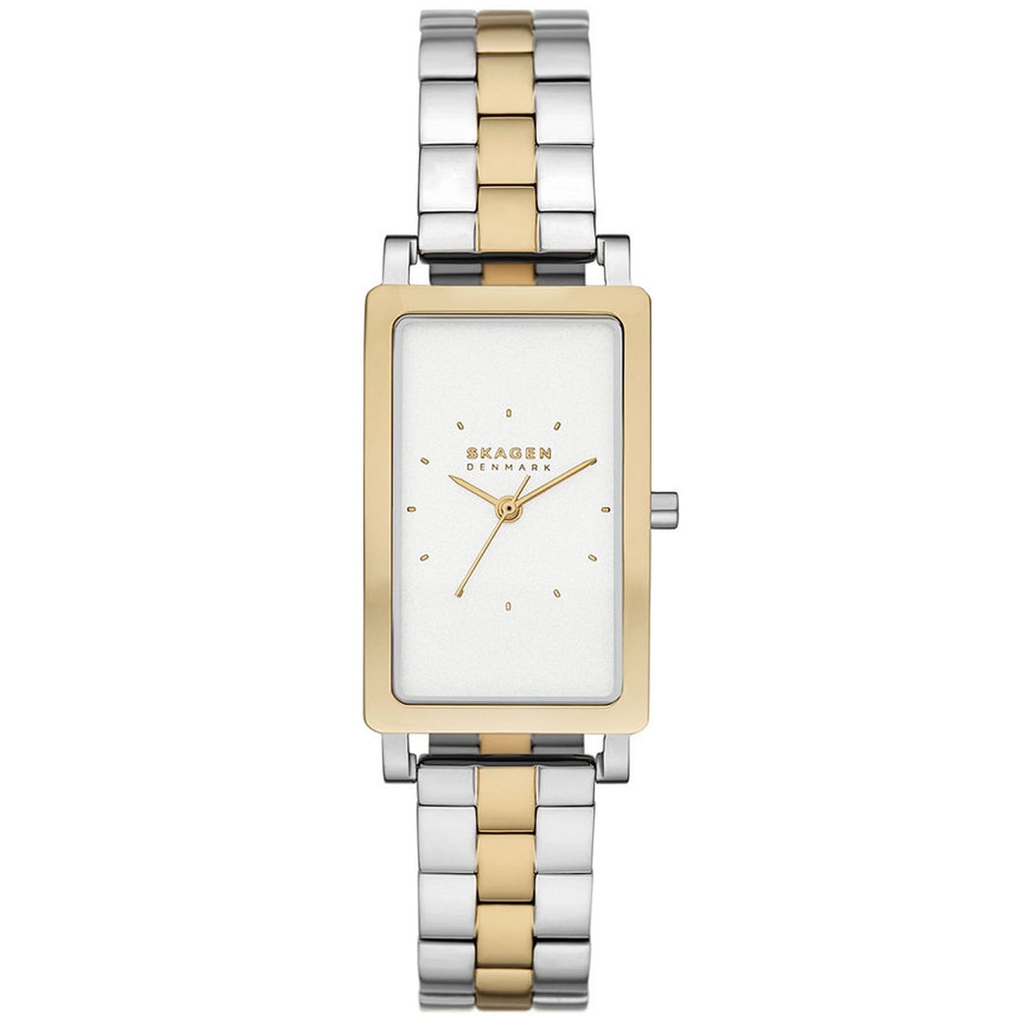 Skagen Hagen Lille SKW3156 women’s minimalist dress watch with silver dial, rectangular gold-tone bezel and two-tone stainless steel bracelet.