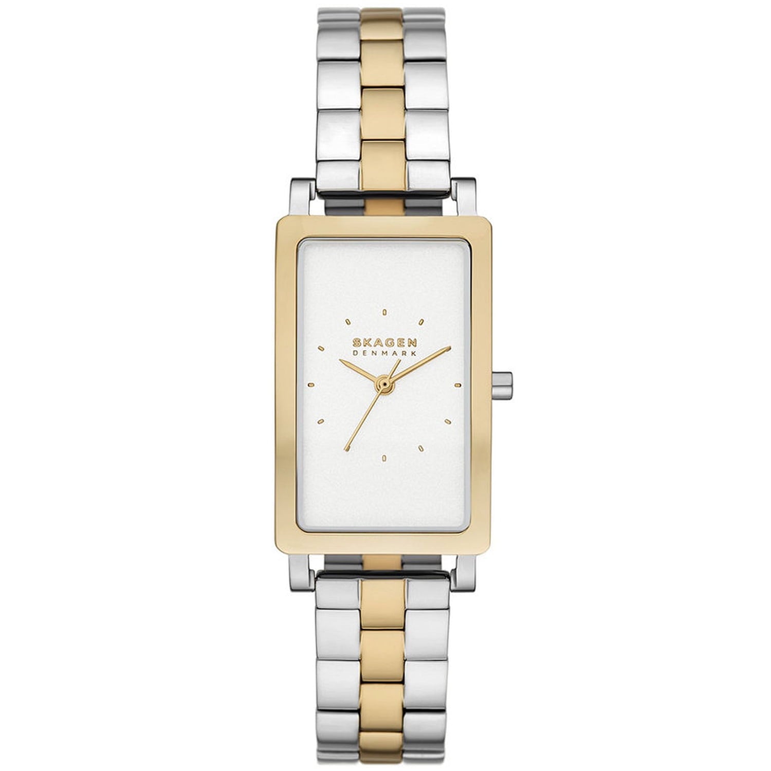 Skagen Hagen Lille SKW3156 women’s minimalist dress watch with silver dial, rectangular gold-tone bezel and two-tone stainless steel bracelet.