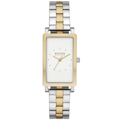 Skagen Hagen Lille SKW3156 women’s minimalist dress watch with silver dial, rectangular gold-tone bezel and two-tone stainless steel bracelet.