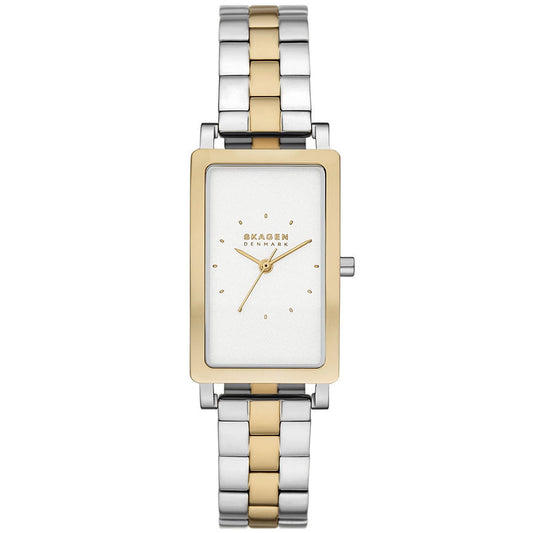 Skagen Hagen Lille SKW3156 women’s minimalist dress watch with silver dial, rectangular gold-tone bezel and two-tone stainless steel bracelet.