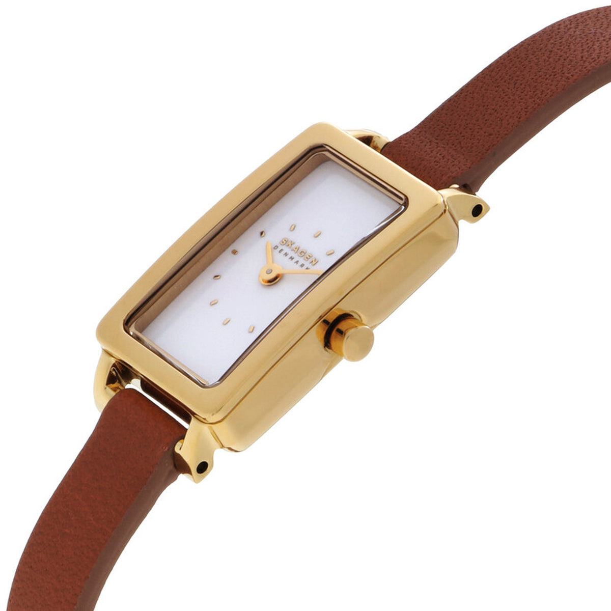 Skagen Hagen Micro SKW3149 women's watch angled view highlighting the rectangular gold-tone bezel, white dial, and brown leather strap.