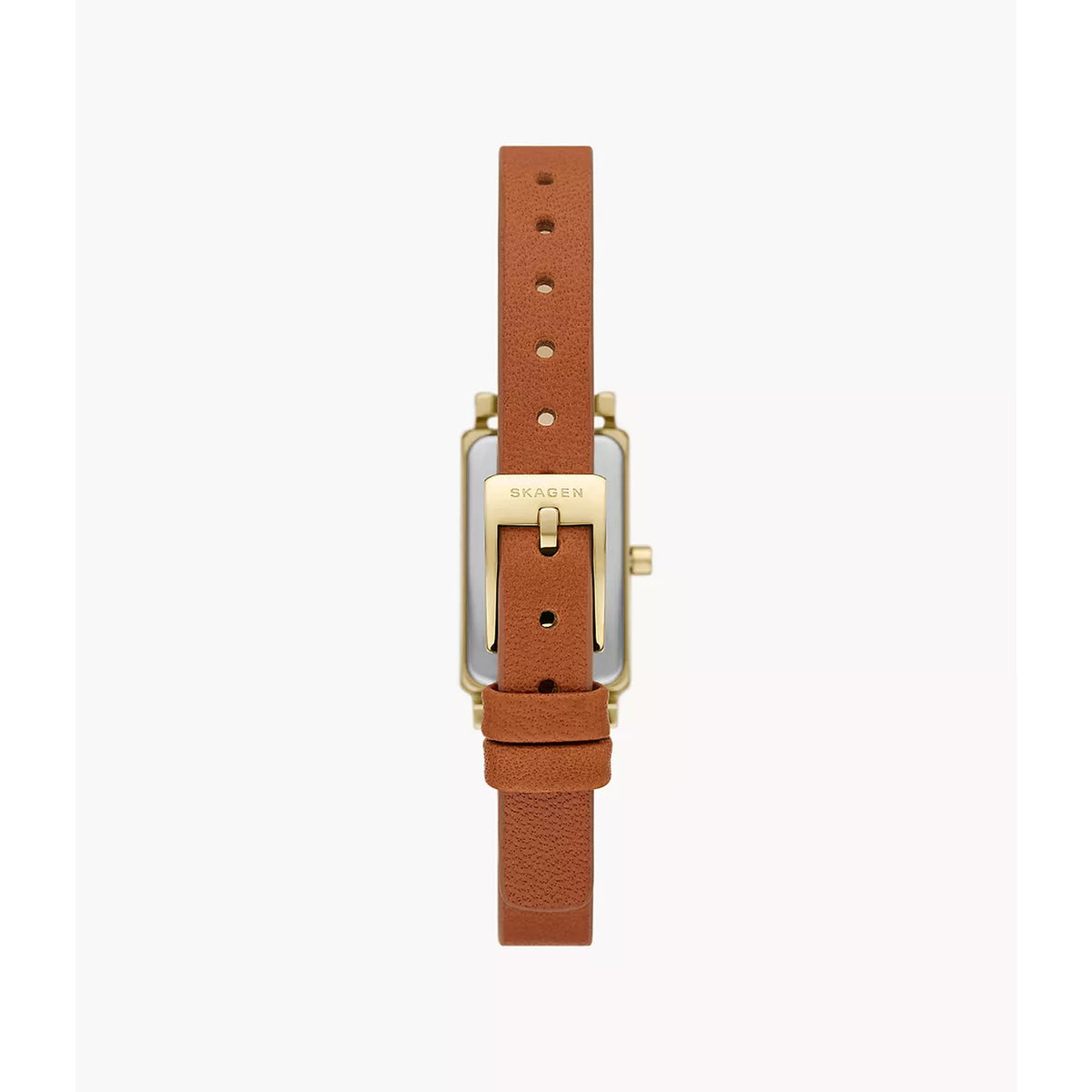 Skagen Hagen Micro SKW3149 women's watch brown leather strap and gold-tone pin buckle stamped with the Skagen logo.