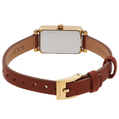 Skagen Hagen Micro SKW3149 women's watch stainless steel caseback and interior leather strap branding.
