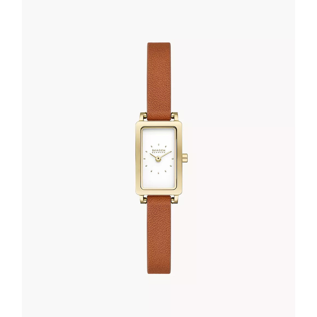 Skagen Hagen Micro SKW3149 women's watch dial featuring a rectangular gold-tone stainless steel case, minimalist white dial, and brown leather strap.