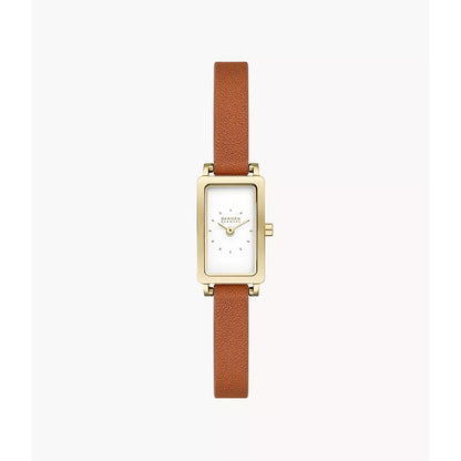 Skagen Hagen Micro SKW3149 women's watch dial featuring a rectangular gold-tone stainless steel case, minimalist white dial, and brown leather strap.