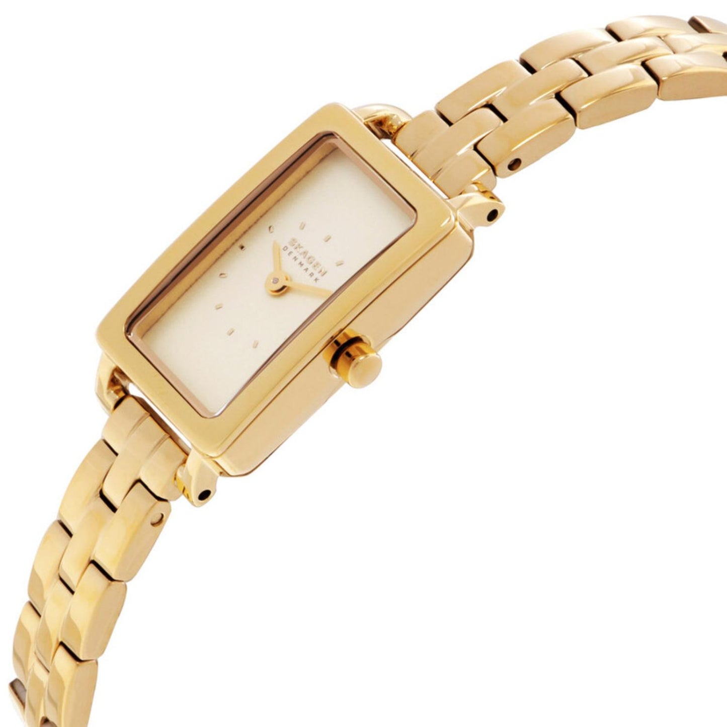 Skagen Hagen Micro SKW3154 women’s gold-tone dress watch with rectangular case, gold dial and gold-tone stainless steel bracelet shown in angled close-up view.